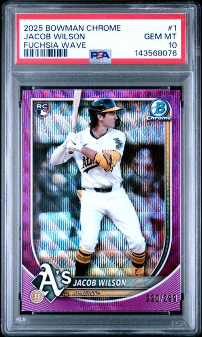 Jacob Wilson 2025 Bowman Chrome Fuchsia Rookie Card PSA 10 Serial #1 of 299: Jacob Wilson 2025 Bowman Chrome Fuchsia Rookie Card PSA 10 Serial #1 of 299 This is a 2025 Topps Bowman Chrome Jacob Wilson #1 Fuchsia Rookie Card, serial numbered out of 299. The card is professional