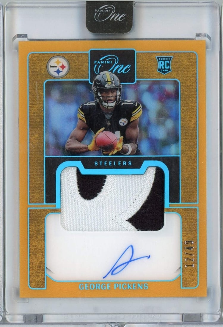 George Pickens Rookie Patch Auto 2022 Card PSA Graded Panini One #134 out of 49: George Pickens Rookie Patch Auto 2022 Card PSA Graded Panini One #134 out of 49 This 2022 Panini One George Pickens #134 Rookie Patch Auto (RPA) card features an authentic on-card autograph and a rook