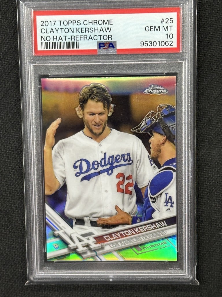 Clayton Kershaw 2017 Topps Chrome No Hat Refractor PSA 10 Baseball Card: Clayton Kershaw 2017 Topps Chrome No Hat Refractor PSA 10 Baseball Card This 2017 Topps Chrome No Hat Refractor Image Variation baseball card features Clayton Kershaw, a star pitcher for the Los Angel