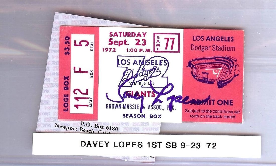 Davey Lopes Autographed Ticket Stub Dodgers First Stolen Base PSA (1 of 2)