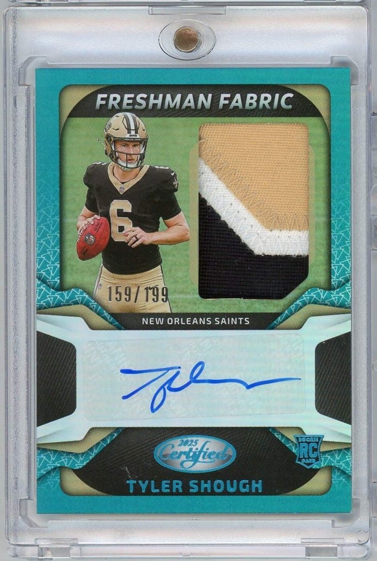 Tyler Shough Rookie Patch Autograph Panini Certified /199 NFL Football Card: Tyler Shough Rookie Patch Autograph Panini Certified /199 NFL Football Card This is an original 2025 Panini Certified Tyler Shough #FBCTSH RPA Auto Rookie RC Football Card, featuring an authentic auto