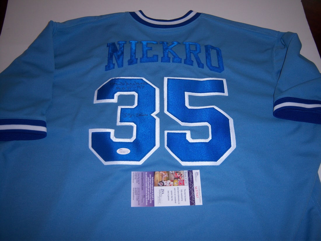 Phil Niekro Autographed Majestic Braves Jersey With JSA Authentication: Phil Niekro Autographed Majestic Braves Jersey With JSA Authentication This is an official Majestic jersey signed by Phil Niekro, the Hall of Fame pitcher known for his career with the Atlanta Braves 