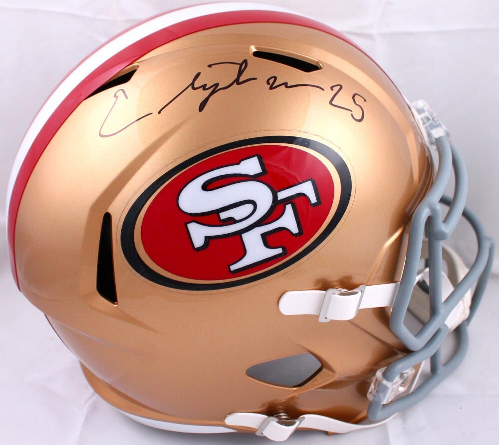 Elijah Mitchell Signed San Francisco 49ers Full Size Speed Helmet Beckett Auth: Elijah Mitchell Signed San Francisco 49ers Full Size Speed Helmet Beckett Auth This is an original full-size speed helmet autographed by Elijah Mitchell, a talented player for the San Francisco 49ers.