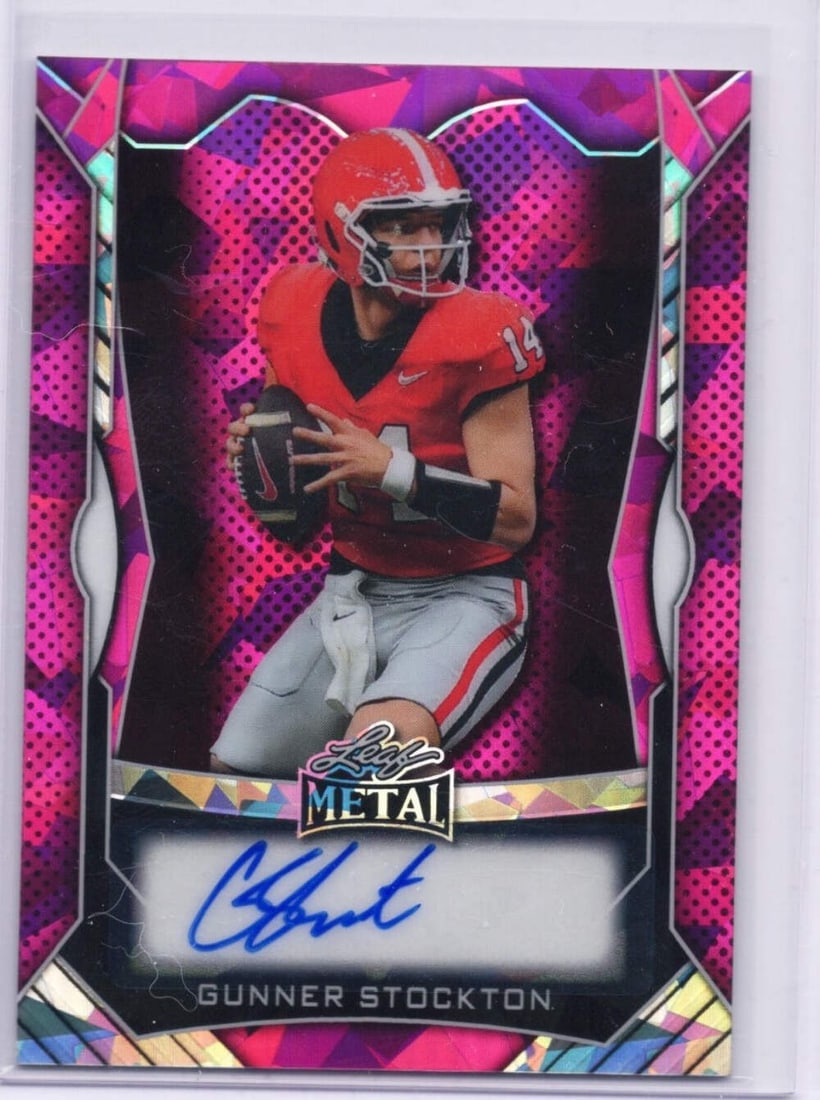 2025 Leaf Metal Gunner Stockton Pink Ice Auto /20 Rookie Card: 2025 Leaf Metal Gunner Stockton Pink Ice Auto /20 Rookie Card This is a 2025 Leaf Metal Gunner Stockton #MAGS1 Pink Ice Auto /20 Rookie Football Card, featuring the talented athlete Gunner Stockton fr