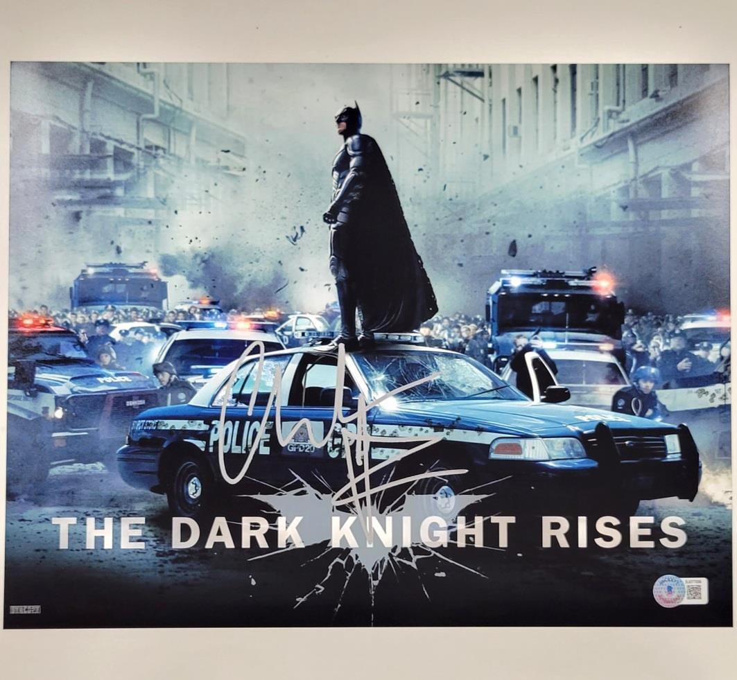 Christian Bale Signed 11x14 Batman Photo Beckett Authenticated: Christian Bale Signed 11x14 Batman Photo Beckett Authenticated This 11x14 photograph features Christian Bale as Batman in 'The Dark Knight Rises'. The item is an original signed piece, authenticated b