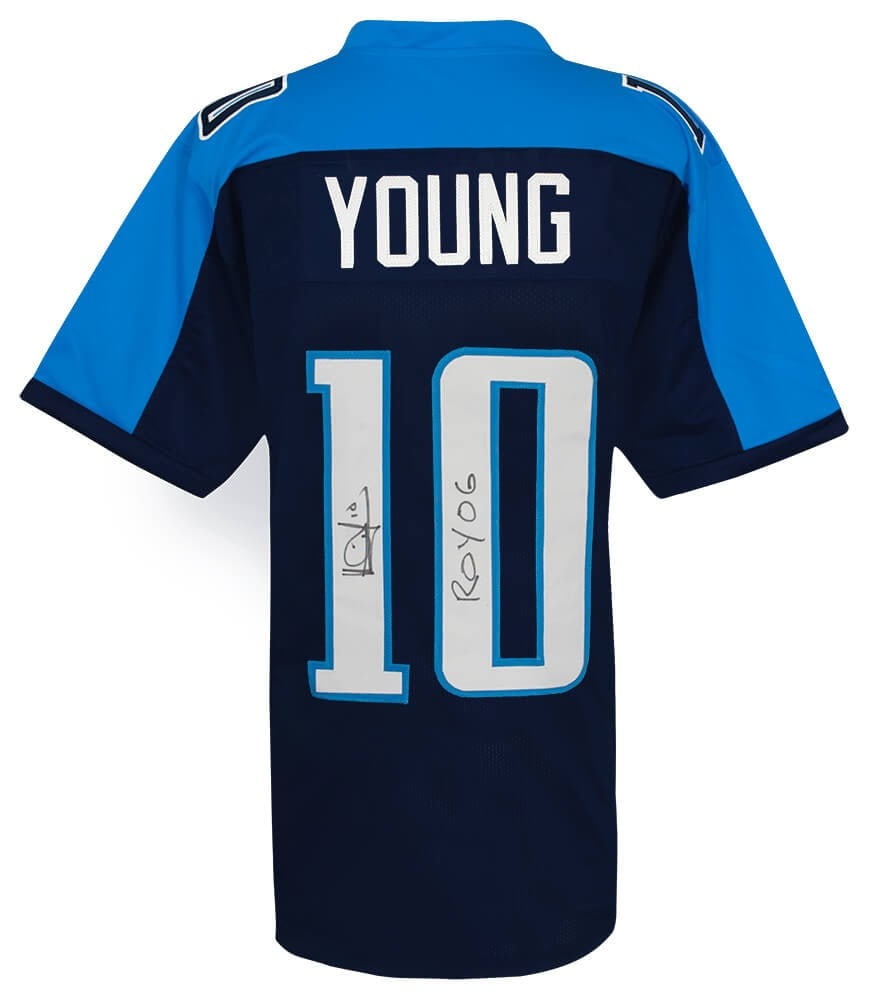Vince Young Signed Titans Blue Jersey ROY 06 with COA: Vince Young Signed Titans Blue Jersey ROY 06 with COA Celebrate the legacy of Vince Young with this signed blue custom football jersey from the Tennessee Titans. The jersey features the inscription 'R