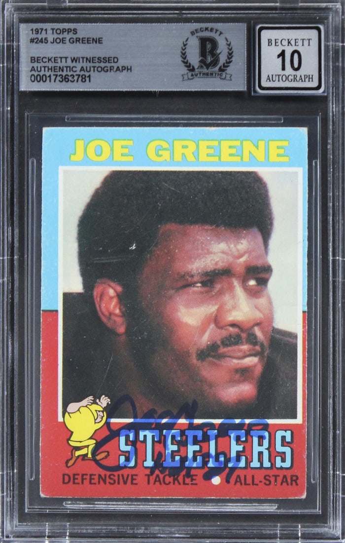 Joe Greene Signed 1971 Topps #245 Card Auto 10 Beckett Authentic: Joe Greene Signed 1971 Topps #245 Card Auto 10 Beckett Authentic This authentic 1971 Topps #245 card features the legendary Joe Greene, a key player for the Pittsburgh Steelers. Personally signed by G