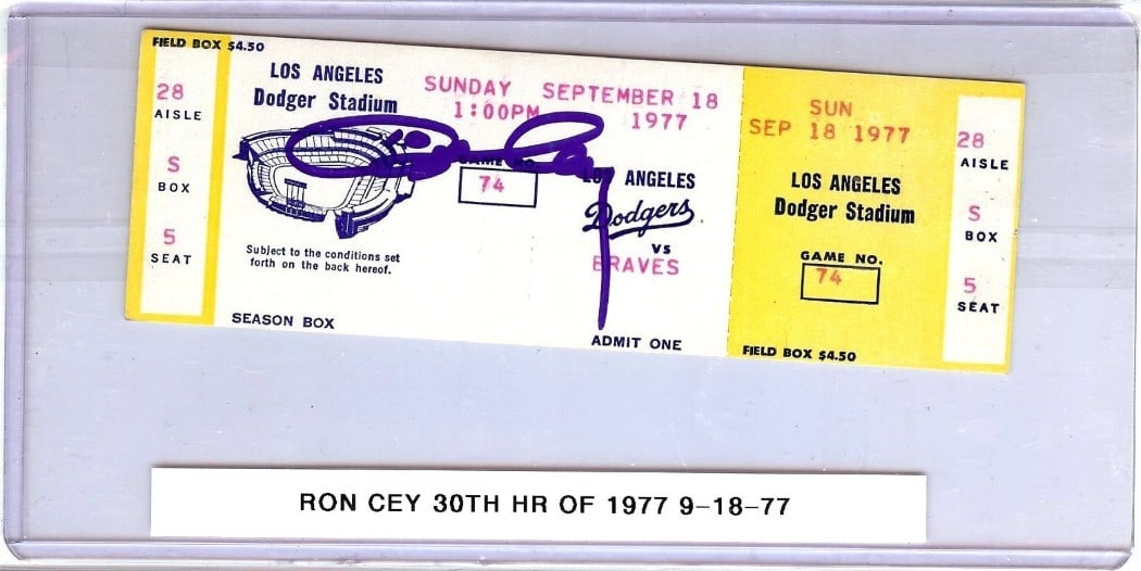 Ron Cey Autographed Ticket Stub Dodgers 30th HR 9/18/77 JSA Authenticated: Ron Cey Autographed Ticket Stub Dodgers 30th HR 9/18/77 JSA Authenticated Celebrate baseball history with this original ticket stub from Ron Cey's 30th home run on September 18, 1977. This piece is an