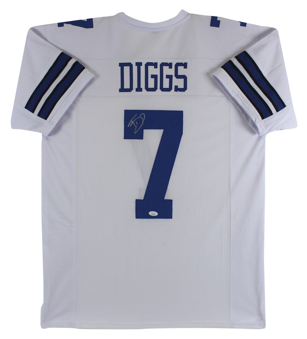 Trevon Diggs Autographed White Pro Style Jersey JSA Witnessed Dallas Cowboys: Trevon Diggs Autographed White Pro Style Jersey JSA Witnessed Dallas Cowboys This authentic autographed white pro style jersey has been personally signed by Trevon Diggs, a standout player for the Dal