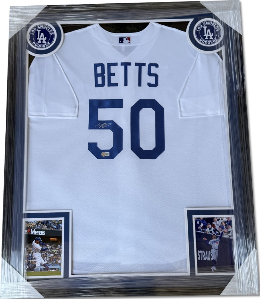 Mookie Betts Signed Autographed Dodgers Swingman Jersey Custom Frame Beckett Authenticated: Mookie Betts Signed Autographed Dodgers Swingman Jersey Custom Frame Beckett Authenticated This exquisite Mookie Betts hand-signed autographed Swingman jersey is a must-have for any Los Angeles Dodger