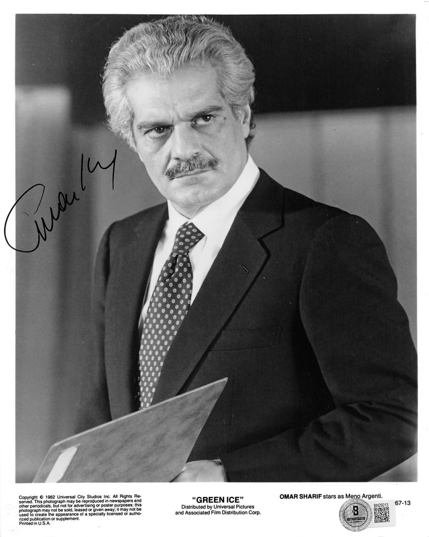 Omar Sharif Signed 8x10 Green Ice Photo Beckett Authenticated: Omar Sharif Signed 8x10 Green Ice Photo Beckett Authenticated This authentic 8x10 photograph features the signature of Omar Sharif from Green Ice, making it a unique collectible for fans and memorabil