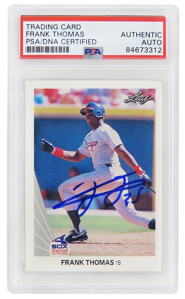Frank Thomas Autographed 1990 Leaf Rookie Card #300 PSA/DNA Encapsulated: Frank Thomas Autographed 1990 Leaf Rookie Card #300 PSA/DNA Encapsulated Own a piece of baseball history with this Frank Thomas autographed Chicago White Sox 1990 Leaf rookie card #300. This collectib