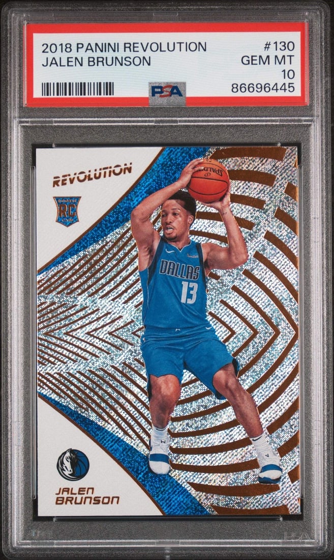 2018 Panini Revolution Jalen Brunson #130 Rookie Card PSA 10: 2018 Panini Revolution Jalen Brunson #130 Rookie Card PSA 10 This is a graded 2018 Panini Revolution Jalen Brunson #130 Rookie Basketball Card, receiving a PSA 10 rating, indicating its exceptional co