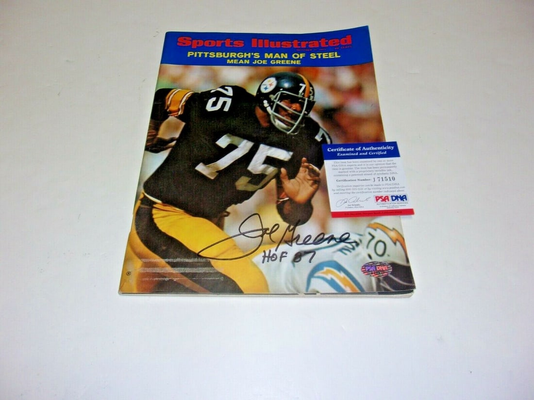 Sports Illustrated Magazine Signed by Joe Greene with PSA DNA COA Steelers: Sports Illustrated Magazine Signed by Joe Greene with PSA DNA COA Steelers This is an original Sports Illustrated magazine featuring Joe Greene of the Pittsburgh Steelers, signed and authenticated. Th