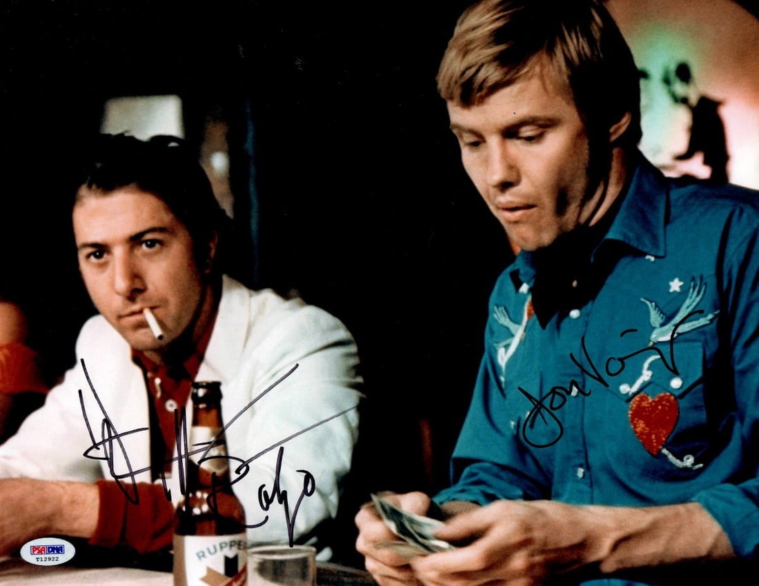 Dustin Hoffman Jon Voight Signed 11x14 Photo Midnight Cowboy PSA: Dustin Hoffman Jon Voight Signed 11x14 Photo Midnight Cowboy PSA This stunning 11X14 photograph features the iconic signatures of Dustin Hoffman and Jon Voight, both stars of the classic film "Midnigh