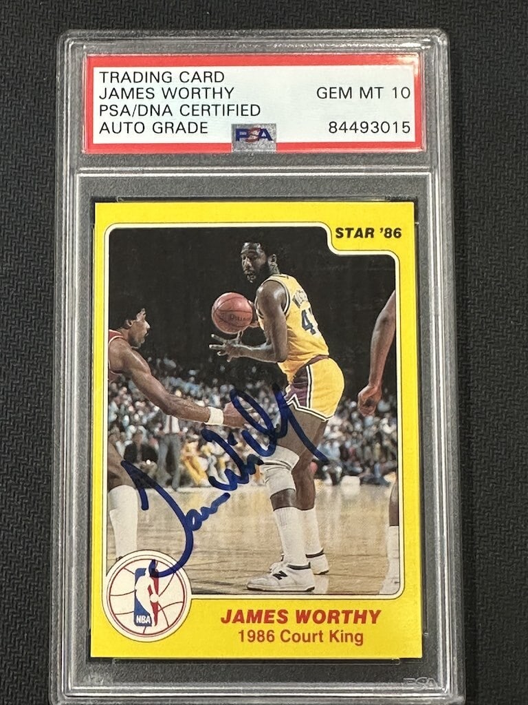 James Worthy 1986 Star Signed Basketball Card PSA 10 Graded: James Worthy 1986 Star Signed Basketball Card PSA 10 Graded This is a remarkable James Worthy 1986 Star hand-signed basketball card, featuring the legendary Los Angeles Lakers player. Graded PSA 10, t