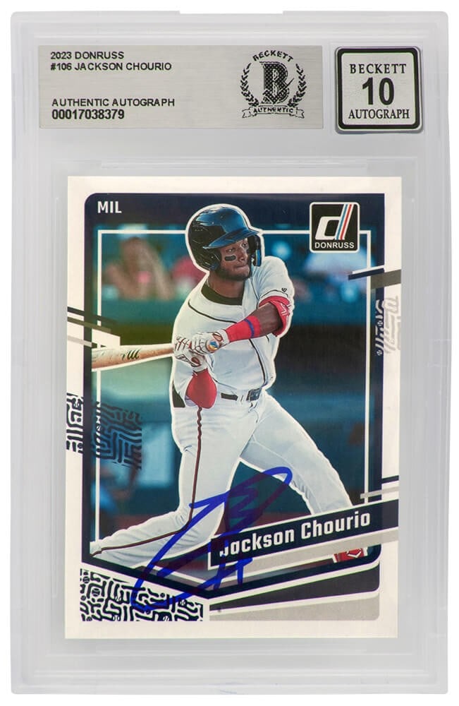 Autographed Jackson Chourio 2023 Donruss Rookie Card #106 Beckett Auto 10 Brewers (1 of 1)