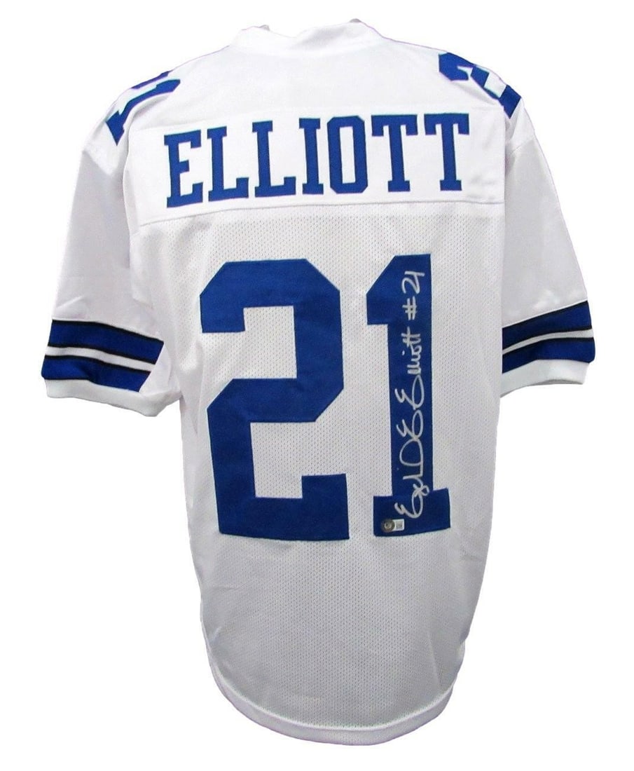 Dallas Cowboys White Custom Jersey Signed by Ezekiel Elliott BAS Authenticated: Dallas Cowboys White Custom Jersey Signed by Ezekiel Elliott BAS Authenticated This is an authentic Ezekiel Elliott autographed Dallas Cowboys custom football jersey in size XL. The jersey is white an