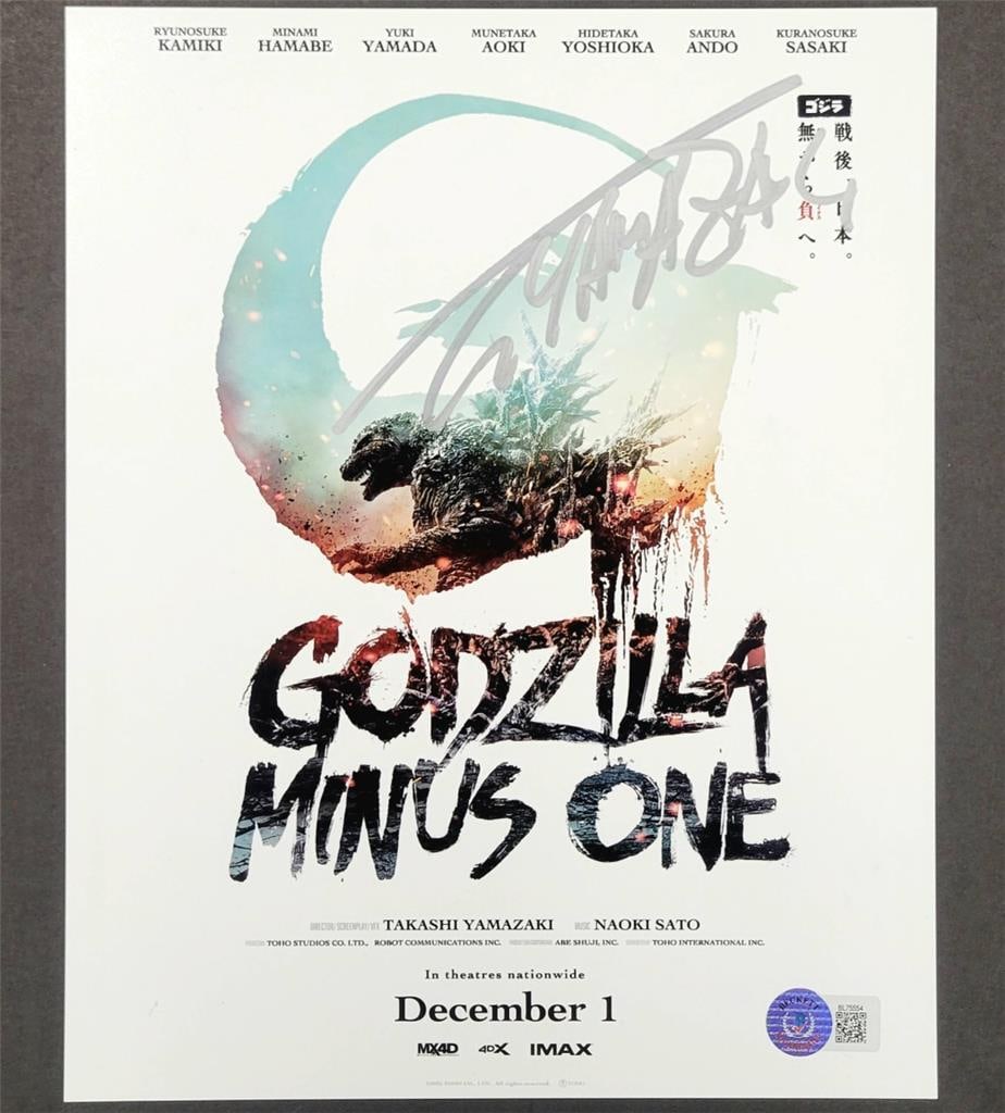 Takashi Yamazaki Signed Godzilla Minus One 8x10 Photo Beckett Authenticated: Takashi Yamazaki Signed Godzilla Minus One 8x10 Photo Beckett Authenticated This is an original 8x10 photograph from the movie Godzilla Minus One, signed by Takashi Yamazaki. The autograph has been au