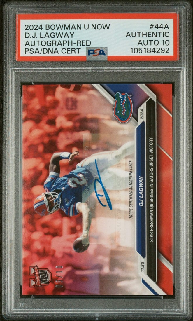 2024 Bowman U Now DJ Lagway #44A Red /10 PSA 10 Autographed Football Card: 2024 Bowman U Now DJ Lagway #44A Red /10 PSA 10 Autographed Football Card Elevate your collection with this graded 2024 Bowman U Now DJ Lagway #44A Red /10 Football Card. This exceptional card feature