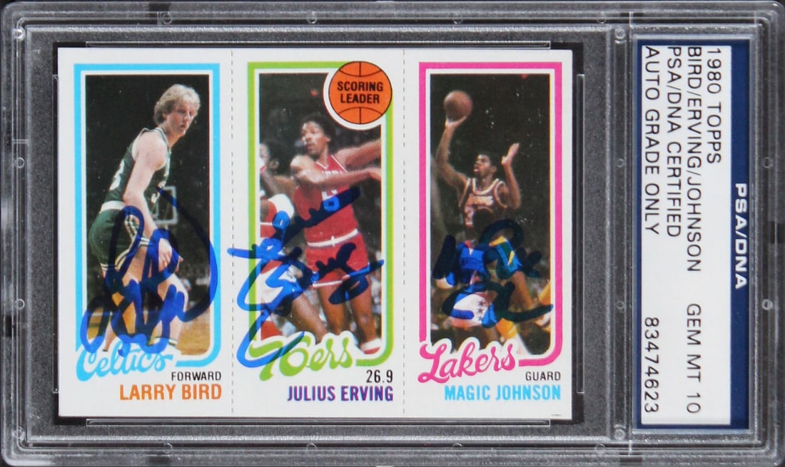1980 Topps Scoring Leaders Card PSA 10 Signed by Magic Johnson Bird Erving: 1980 Topps Scoring Leaders Card PSA 10 Signed by Magic Johnson Bird Erving This remarkable 1980 Topps Scoring Leaders Autographed Card features the legendary signatures of Magic Johnson, Larry Bird, a