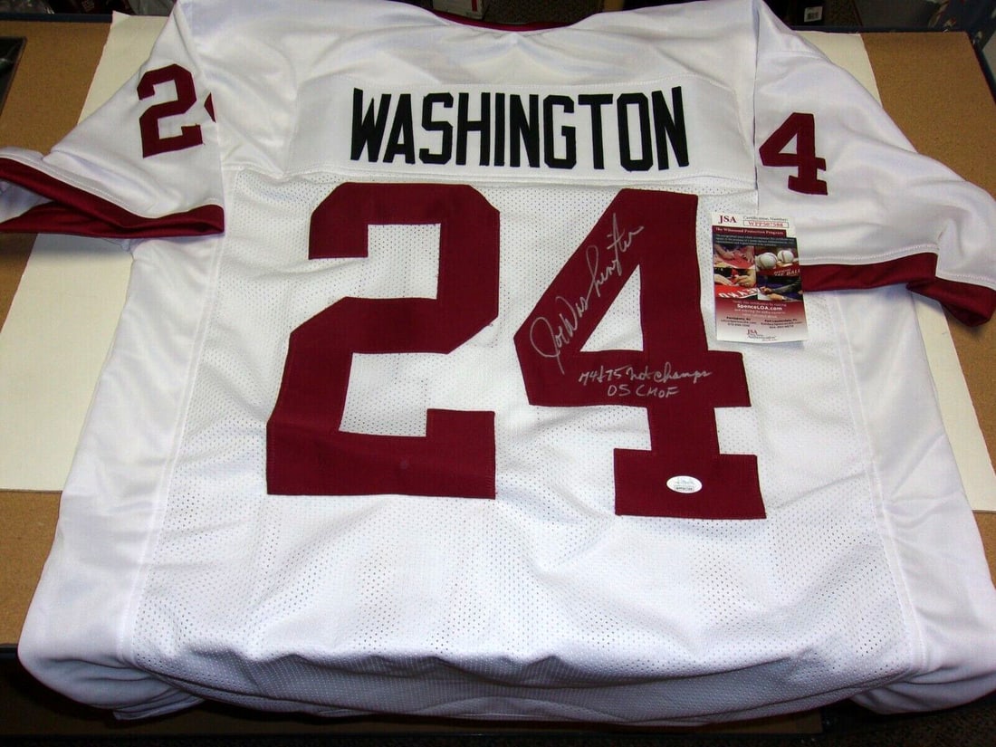 Joe Washington Autographed Jersey with JSA for Oklahoma Sooners 1974 1975 Championships: Joe Washington Autographed Jersey with JSA for Oklahoma Sooners 1974 1975 Championships This is a pre-owned Oklahoma Sooners jersey signed by Joe Washington, commemorating the 1974 and 1975 National C