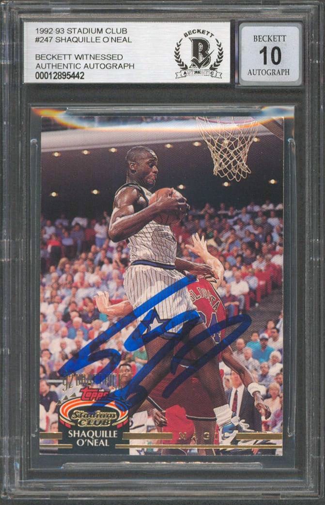 Shaquille O'Neal Signed 1992 Stadium Club Rookie Card BAS Authenticated: Shaquille O'Neal Signed 1992 Stadium Club Rookie Card BAS Authenticated This remarkable 1992 Stadium Club #247 Rookie Card has been personally signed by NBA legend Shaquille O'Neal, a standout player 
