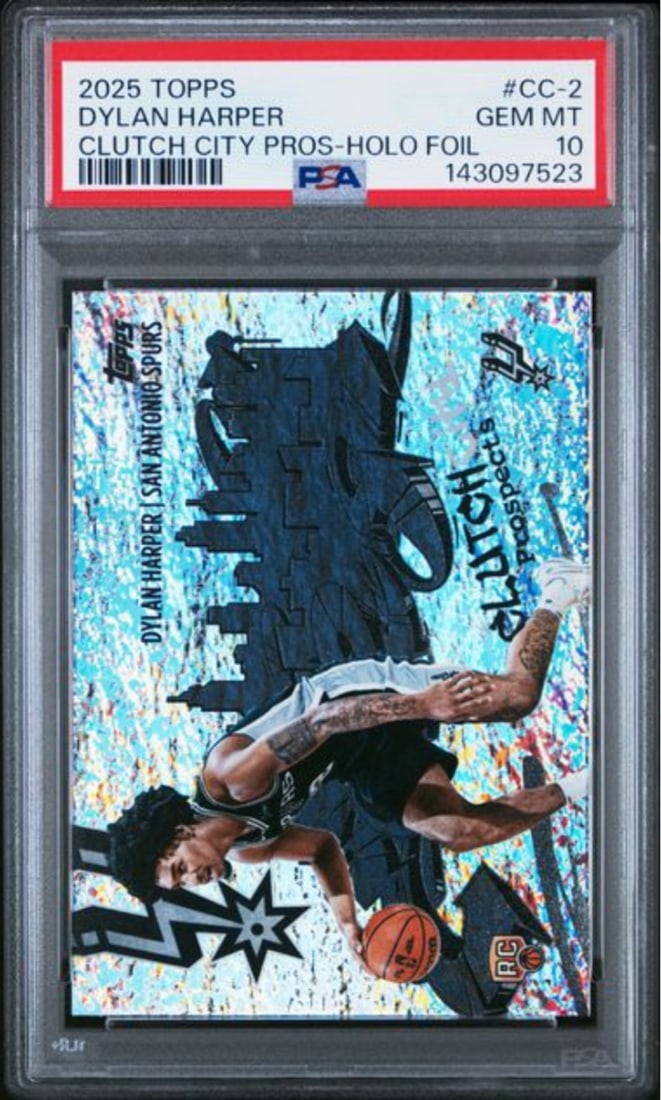 PSA 10 Dylan Harper Clutch City Holo Foil Rookie 2025 Topps #CC2: PSA 10 Dylan Harper Clutch City Holo Foil Rookie 2025 Topps #CC2 This is a 2025 Topps Dylan Harper #CC2 Clutch City Holo Foil Rookie Card, professionally graded PSA 10 by Professional Sports Authentic