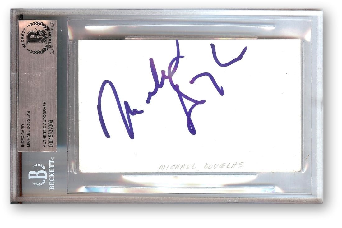 Beckett Authenticated Michael Douglas Signed Index Card From Wall Street Films: Beckett Authenticated Michael Douglas Signed Index Card From Wall Street Films This is an original index card signed by Michael Douglas, recognized for his roles in films such as Basic Instinct and Wa