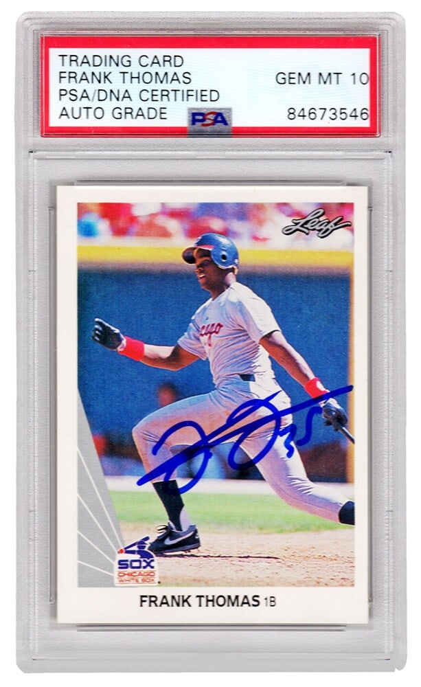 Frank Thomas Autographed 1990 Leaf RC Card #300 PSA Auto 10 White Sox: Frank Thomas Autographed 1990 Leaf RC Card #300 PSA Auto 10 White Sox This is a Frank Thomas autographed 1990 Leaf rookie baseball card #300 from the Chicago White Sox, featuring a pristine GEM Mint 1