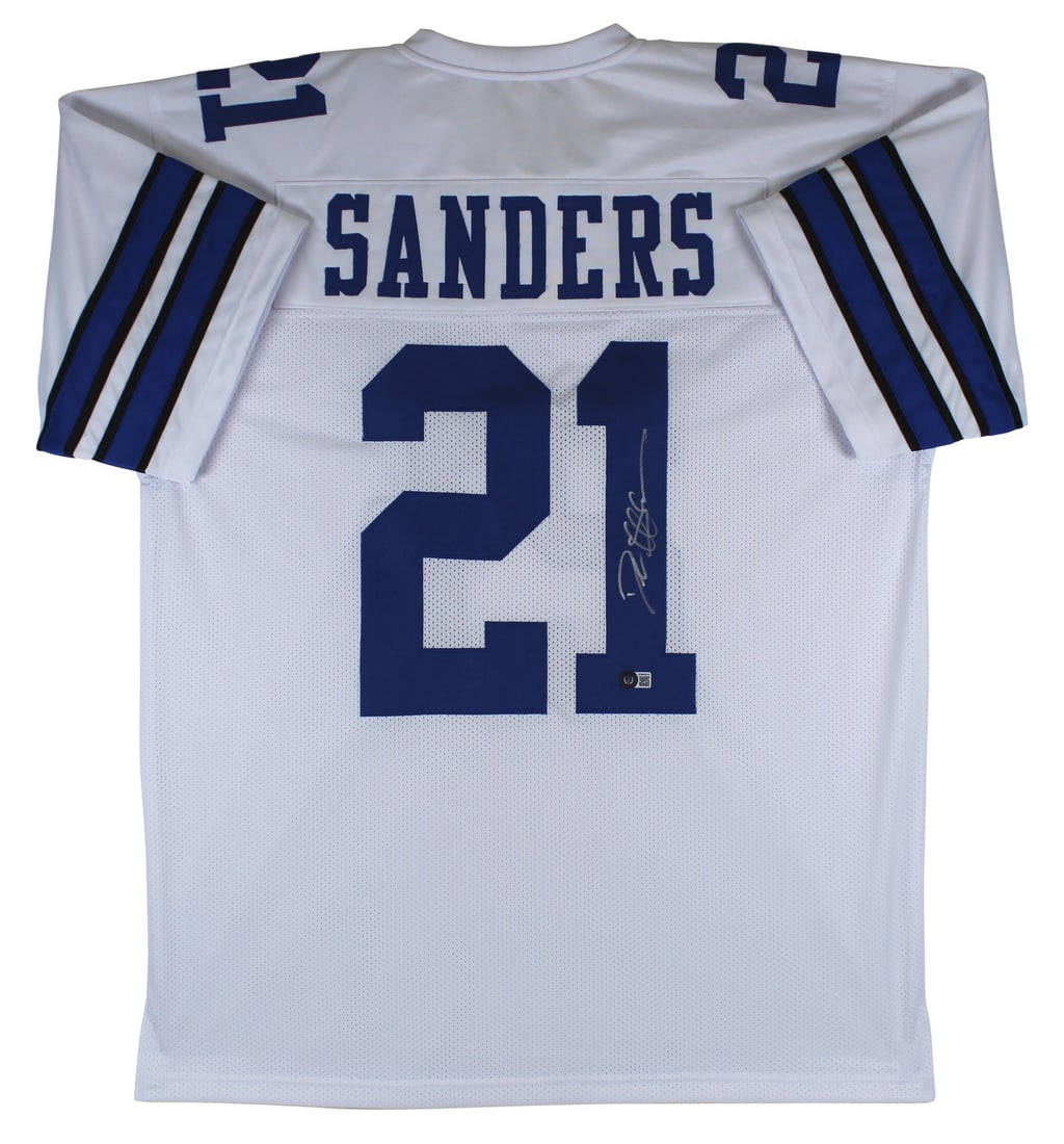 Deion Sanders Autographed Dallas Cowboys White Pro Style Jersey BAS Witnessed: Deion Sanders Autographed Dallas Cowboys White Pro Style Jersey BAS Witnessed Celebrate your love for the Dallas Cowboys with this authentic, autographed Deion Sanders white pro style jersey. Personal