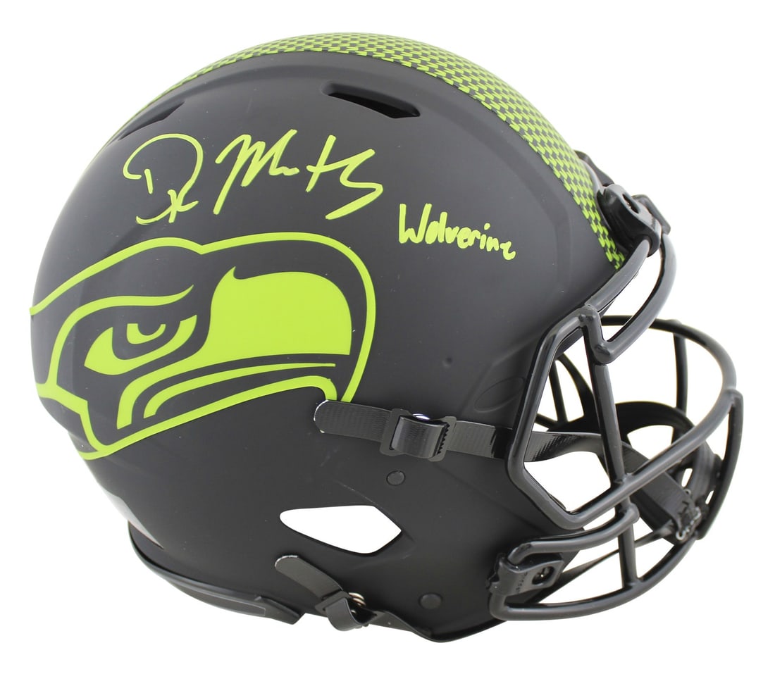 D.K. Metcalf Signed Seattle Seahawks Eclipse Helmet With Wolverine Inscription BAS COA: D.K. Metcalf Signed Seattle Seahawks Eclipse Helmet With Wolverine Inscription BAS COA This authentic Seattle Seahawks alternate Eclipse Riddell full-size Speed Proline helmet features a signature and