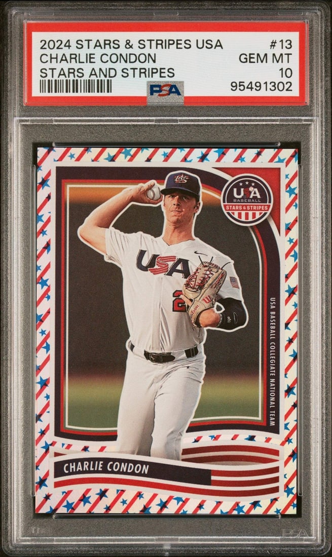 2024 Panini Charlie Condon #13 Stars & Stripes #/50 PSA 10 Baseball Card: 2024 Panini Charlie Condon #13 Stars & Stripes #/50 PSA 10 Baseball Card This is a Graded 2024 Panini Charlie Condon #13 Stars & Stripes baseball card, limited to just 50 copies. The card features the