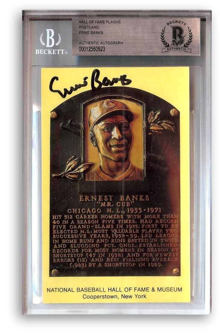 Ernie Banks Autographed Hall of Fame Postcard Chicago Cubs Beckett Authenticated: Ernie Banks Autographed Hall of Fame Postcard Chicago Cubs Beckett Authenticated Celebrate the legacy of Ernie Banks with this original autographed Hall of Fame postcard. This collectible features a s
