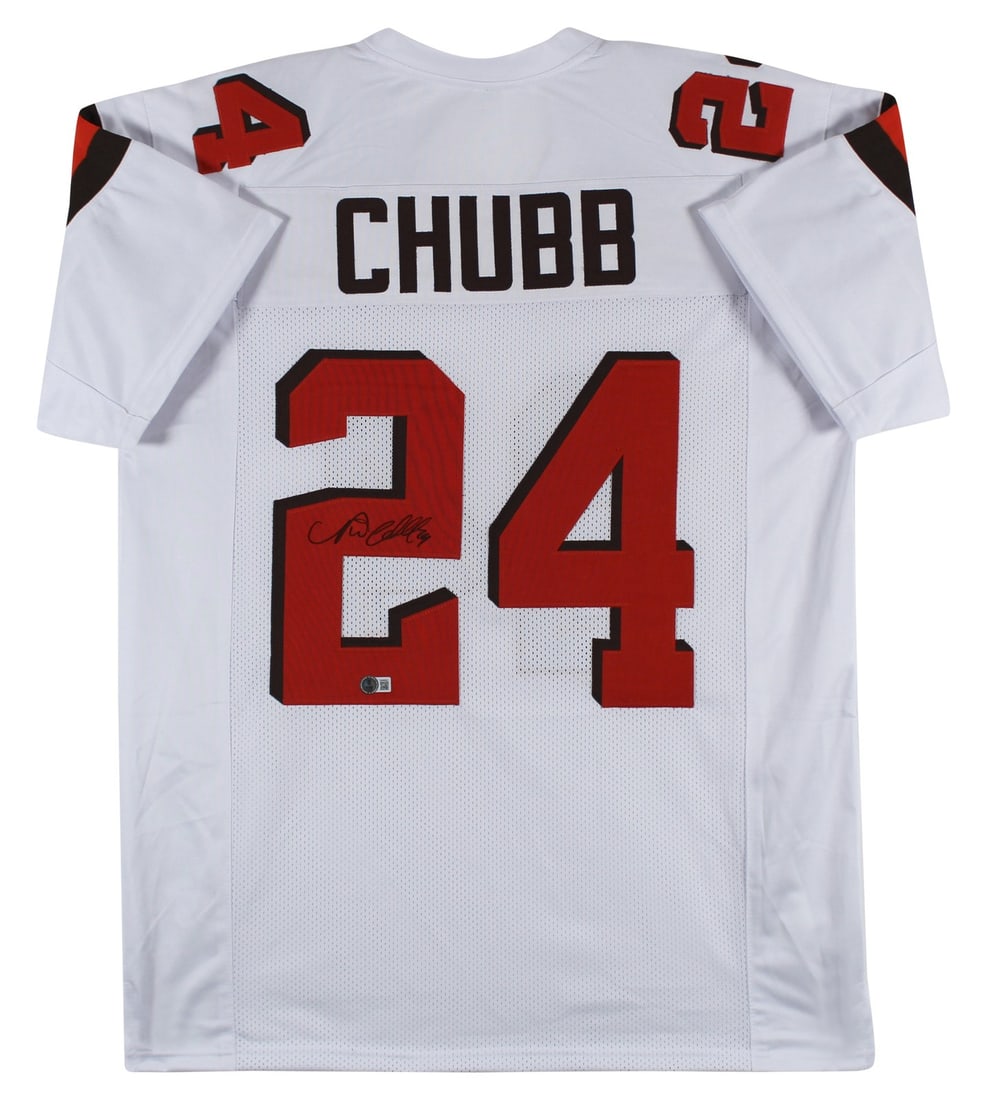 Nick Chubb Signed White Custom Jersey Beckett Witnessed Autograph Cleveland Browns: Nick Chubb Signed White Custom Jersey Beckett Witnessed Autograph Cleveland Browns This white pro style jersey has been personally hand-signed by Nick Chubb of the Cleveland Browns. The autograph is v