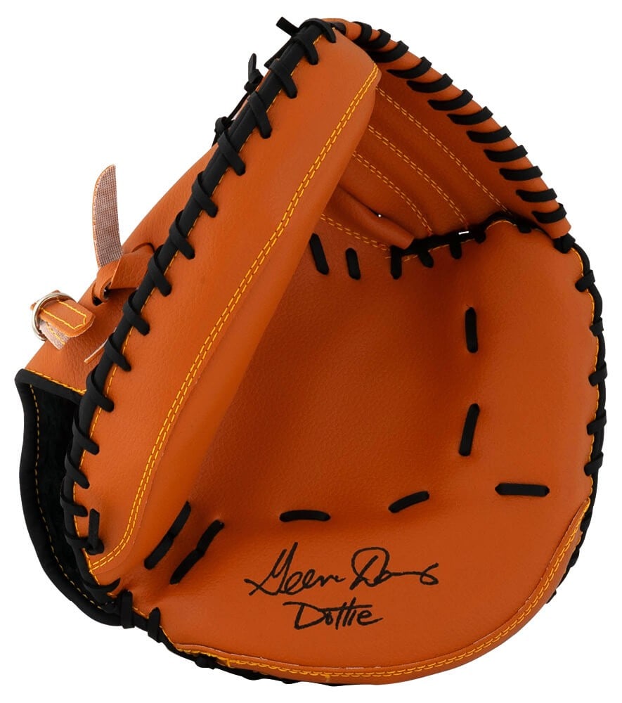 Geena Davis Signed Dottie Catchers Glove A League Of Their Own COA: Geena Davis Signed Dottie Catchers Glove A League Of Their Own COA This is an original Geena Davis signed brown baseball catcher's glove featuring the inscription of her character name, 'Dottie', from