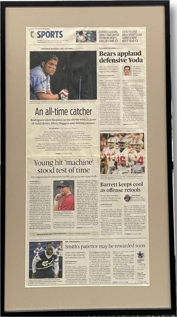 Ivan Rodriguez Autographed Newspaper Texas Rangers HOF 14x25 COA (1 of 3)
