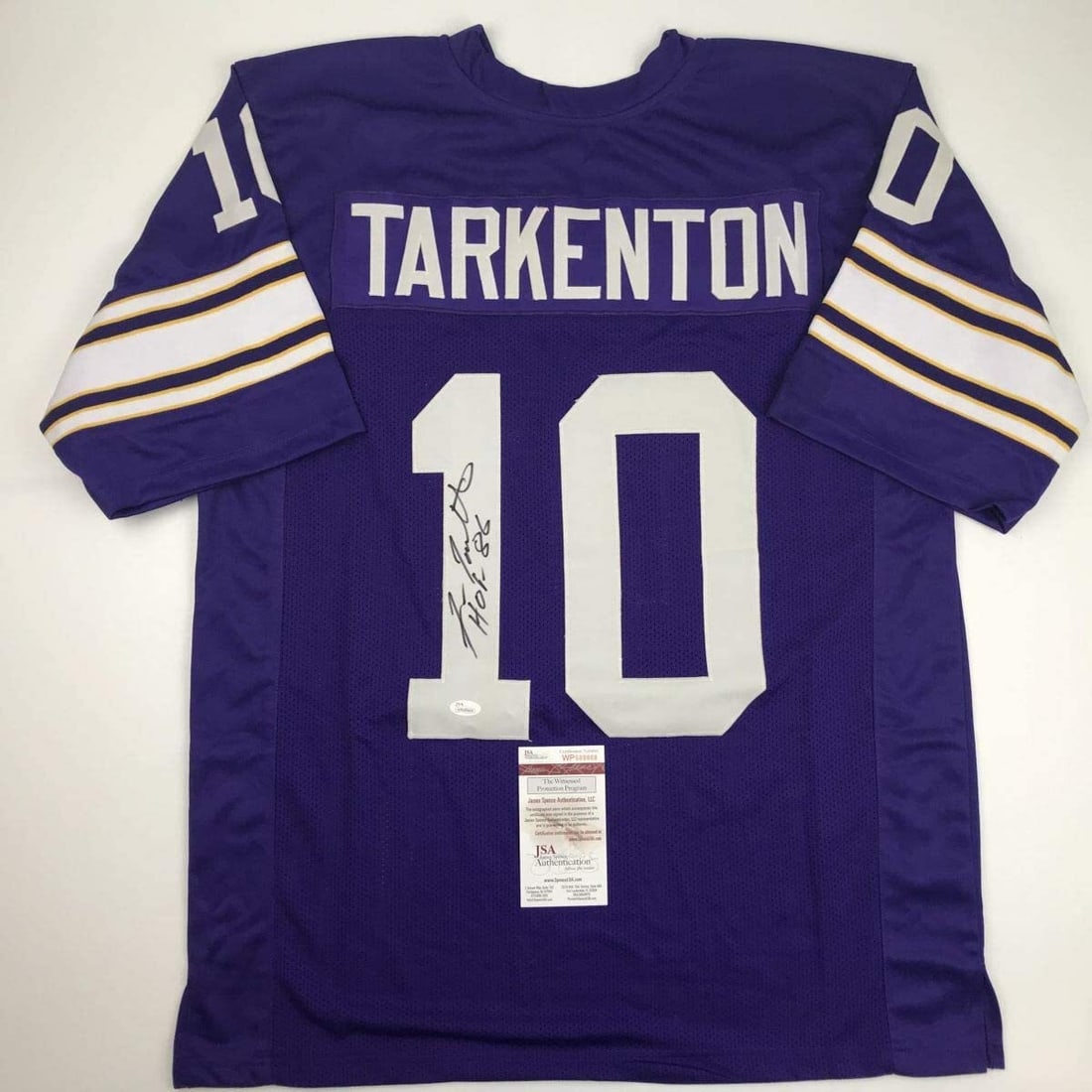 Fran Tarkenton Signed HOF 86 Minnesota Vikings Jersey JSA COA: Fran Tarkenton Signed HOF 86 Minnesota Vikings Jersey JSA COA This is an authentic autographed purple jersey commemorating Fran Tarkenton, a Hall of Fame inductee from 1986. The jersey is a custom pie
