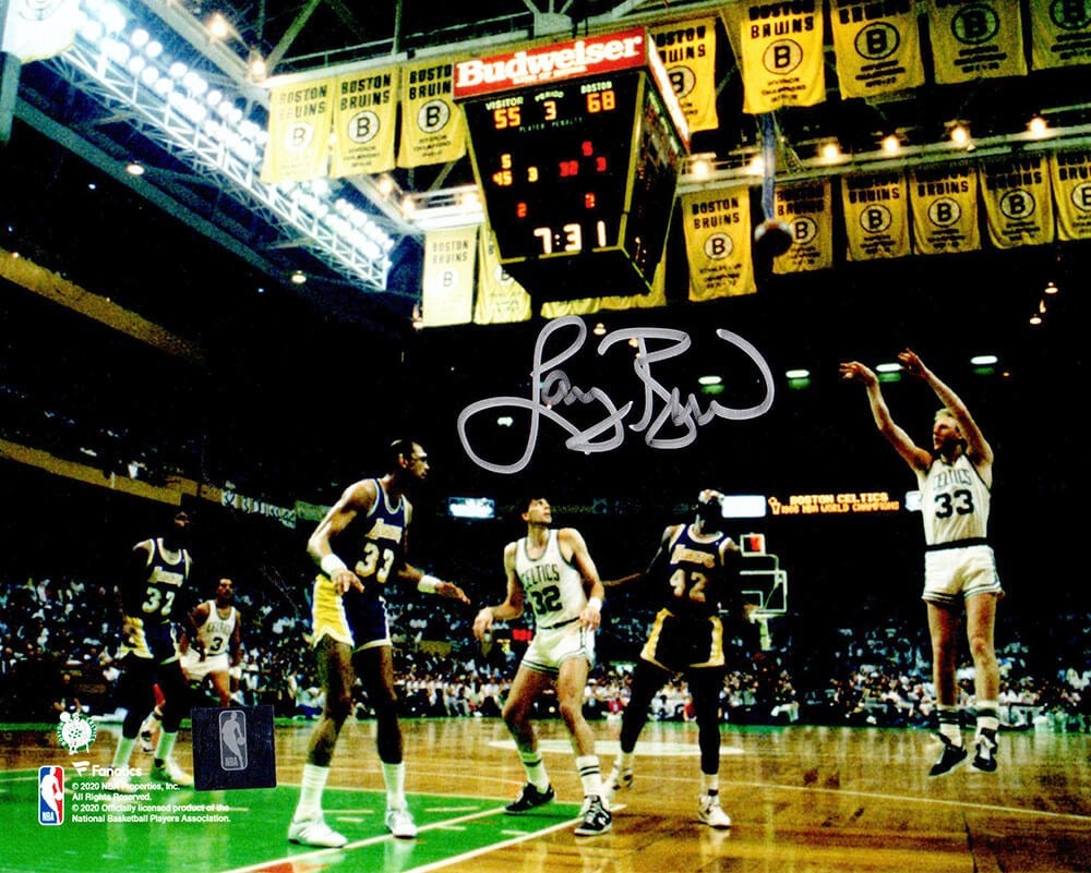 Larry Bird Signed 8x10 Celtics 3-Point Shot Photo with Hologram: Larry Bird Signed 8x10 Celtics 3-Point Shot Photo with Hologram This is an original 8x10 photograph capturing Larry Bird making a 3-point shot against the Lakers, a moment that showcases his extraordi