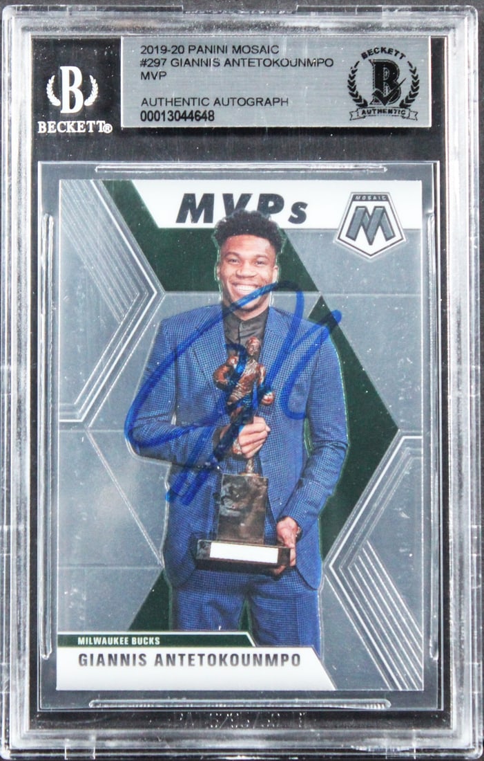 Giannis Antetokounmpo 2019 Panini Mosaic #297 Autographed BAS Slab: Giannis Antetokounmpo 2019 Panini Mosaic #297 Autographed BAS Slab This 2019 Panini Mosaic #297 basketball card features Giannis Antetokounmpo of the Milwaukee Bucks. The card has been personally sign