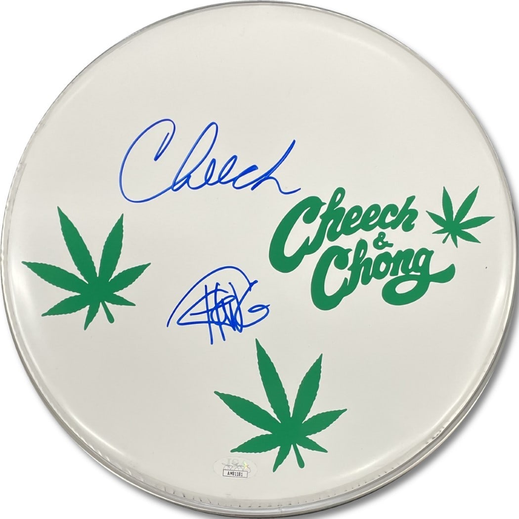 Comedy Duo Cheech and Chong Drumhead Signed in Blue Ink With JSA COA: Comedy Duo Cheech and Chong Drumhead Signed in Blue Ink With JSA COA This is an original drumhead autographed by the comedy duo Cheech & Chong in blue ink. The signatures have been authenticated by Ja