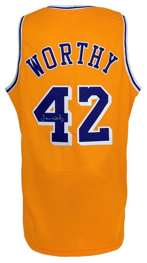 James Worthy Signed Gold Lakers Basketball Jersey with COA: James Worthy Signed Gold Lakers Basketball Jersey with COA Elevate your memorabilia collection with this authentic signed gold custom basketball jersey of NBA star James Worthy. A legendary figure for