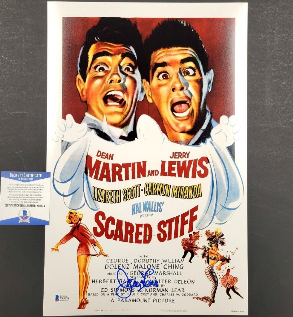 Jerry Lewis Signed Scared Stiff 11x17 Photo Beckett Authenticated: Jerry Lewis Signed Scared Stiff 11x17 Photo Beckett Authenticated This is an original 11x17 photograph poster of the classic movie "Scared Stiff," featuring the iconic Jerry Lewis. The item is authent