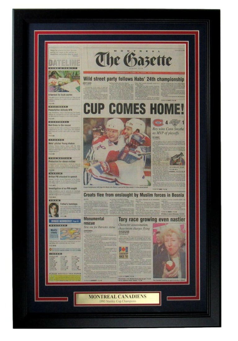 Framed 1993 Montreal Canadiens Stanley Cup Champs Newspaper: Framed 1993 Montreal Canadiens Stanley Cup Champs Newspaper Commemorate the Montreal Canadiens' historic victory with this framed newspaper from June 10, 1993, celebrating their Stanley Cup Championsh