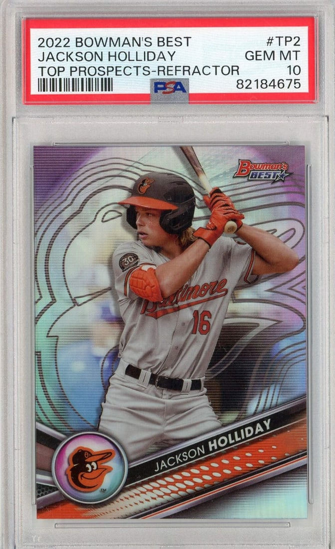 2022 Bowmans Best Jackson Holliday Refractor RC Card PSA 10: 2022 Bowmans Best Jackson Holliday Refractor RC Card PSA 10 This is a 2022 Bowman's Best Jackson Holliday #TP2 Refractor Rookie RC Card, graded PSA 10 by Professional Sports Authenticator (PSA). This 