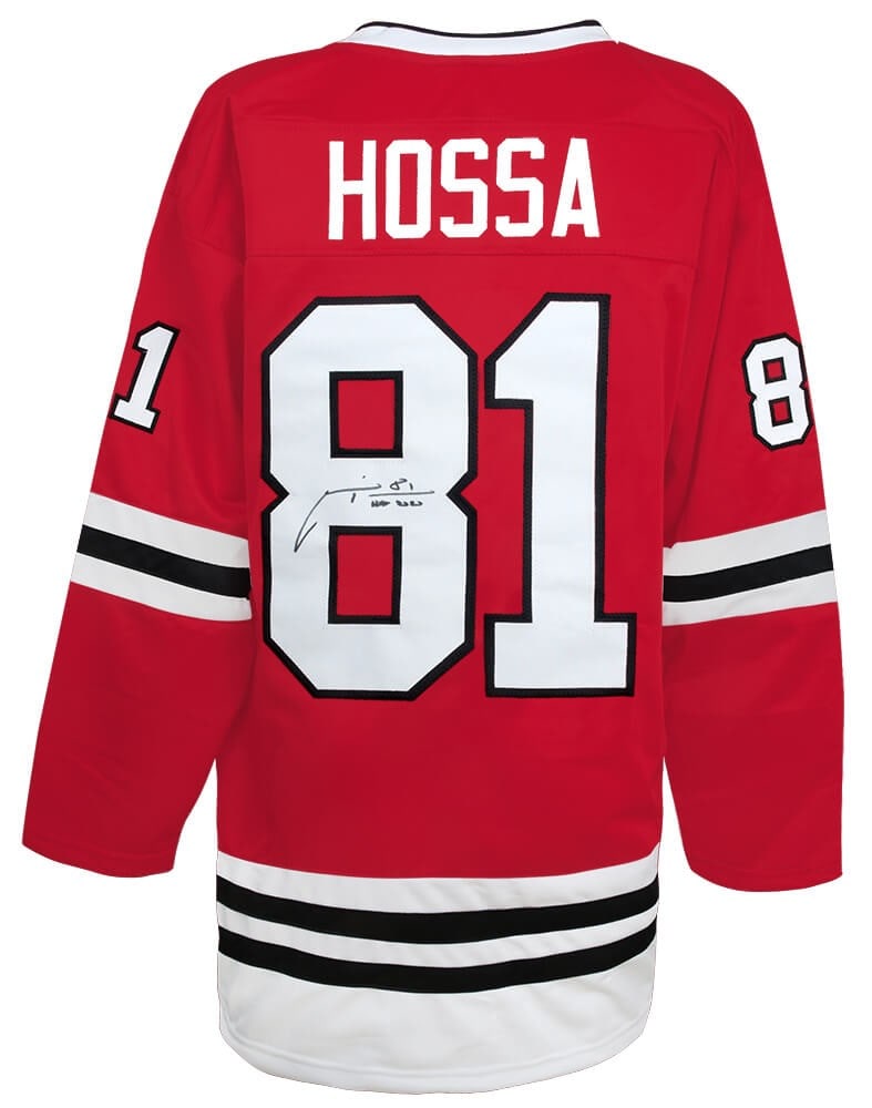 Marian Hossa Signed Red Custom Jersey HOF 2020 with COA: Marian Hossa Signed Red Custom Jersey HOF 2020 with COA Marian Hossa Signed Red Custom Jersey HOF 2020 with COA This is a red custom hockey jersey signed by Marian Hossa, featuring the inscription 'HO