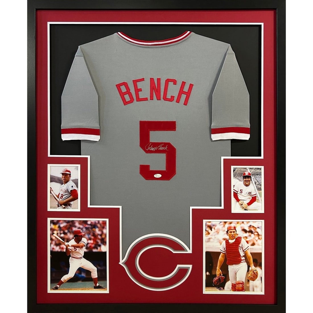 Johnny Bench Autographed Framed Jersey Cincinnati Reds JSA Certified: Johnny Bench Autographed Framed Jersey Cincinnati Reds JSA Certified This is an autographed framed jersey of Johnny Bench, a legendary player for the Cincinnati Reds. The jersey is authenticated by JS
