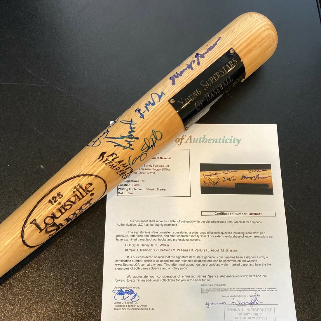 Limited Edition Ken Griffey Jr Signed Louisville Slugger Bat 16 Sigs JSA COA: Limited Edition Ken Griffey Jr Signed Louisville Slugger Bat 16 Sigs JSA COA Celebrate the legacy of baseball with this limited edition "Young Superstars" signed bat, featuring a total of 15 signature