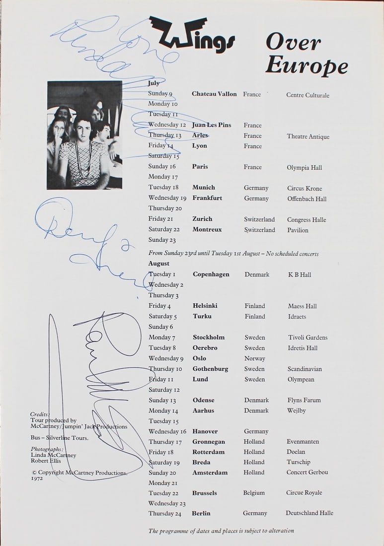 Wings Over Europe Tour Program Signed by McCartney Lane COA Beckett: Wings Over Europe Tour Program Signed by McCartney Lane COA Beckett This autographed 1972 Wings Over Europe Tour Program features the signatures of legendary musicians Paul McCartney, Linda McCartney,