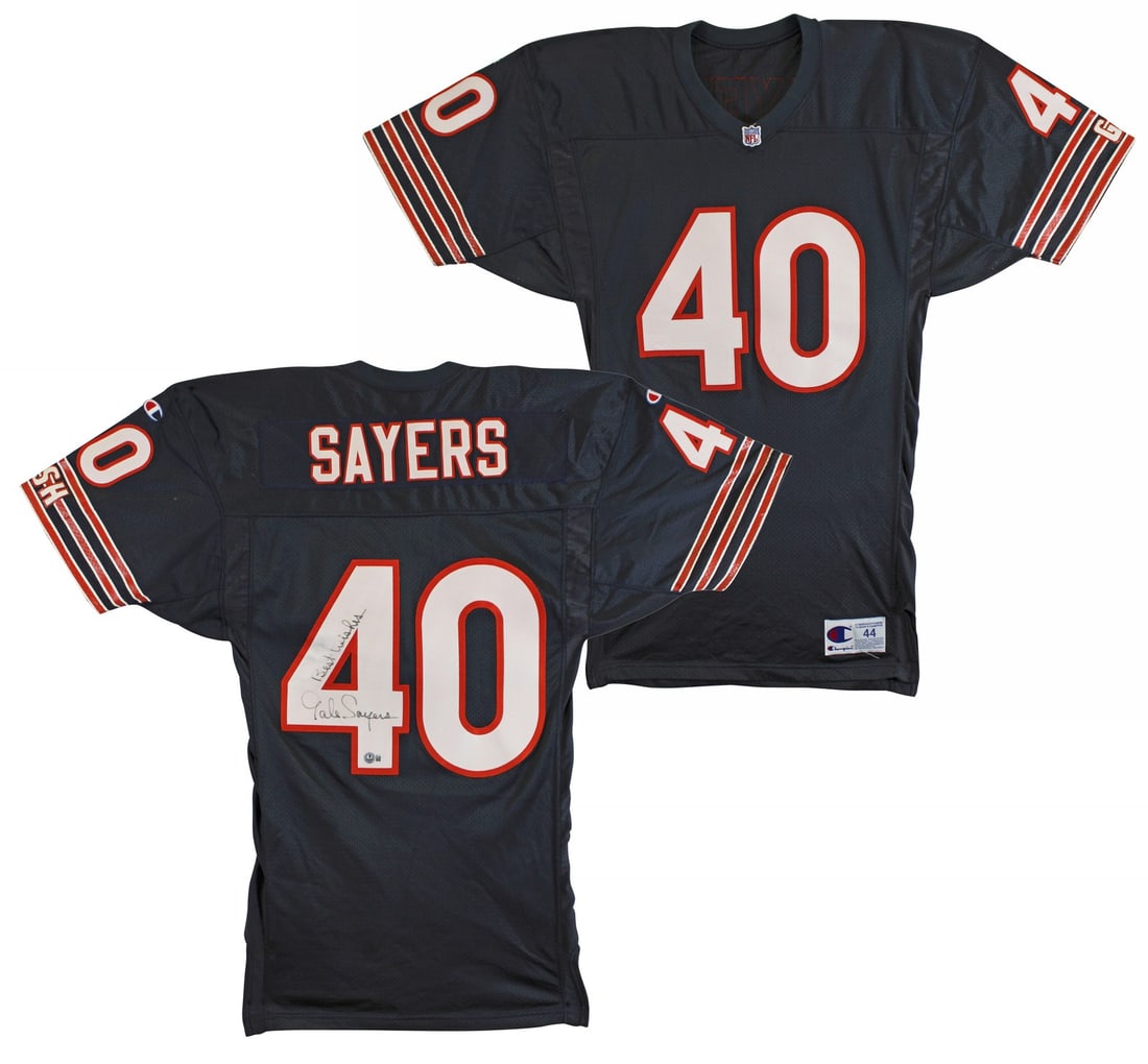 Gale Sayers Signed Chicago Bears Jersey with Best Wishes Inscription: Gale Sayers Signed Chicago Bears Jersey with Best Wishes Inscription This is an original, autographed Navy Blue Champion Jersey, size 44, featuring the inscription "Best Wishes" by the legendary Gale 